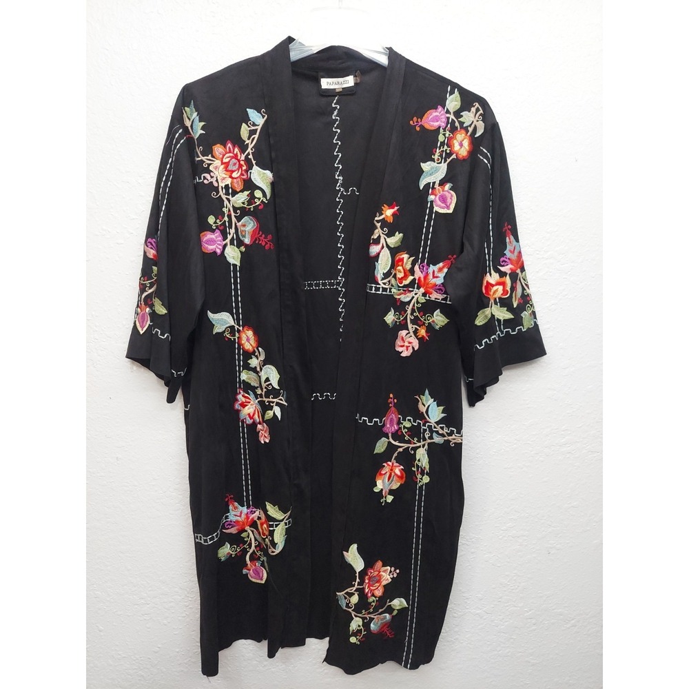 Paparazzi BIZ Kimono Duster Maxi L/XL Black Pink‎ Floral Embroidered Boho Vtg